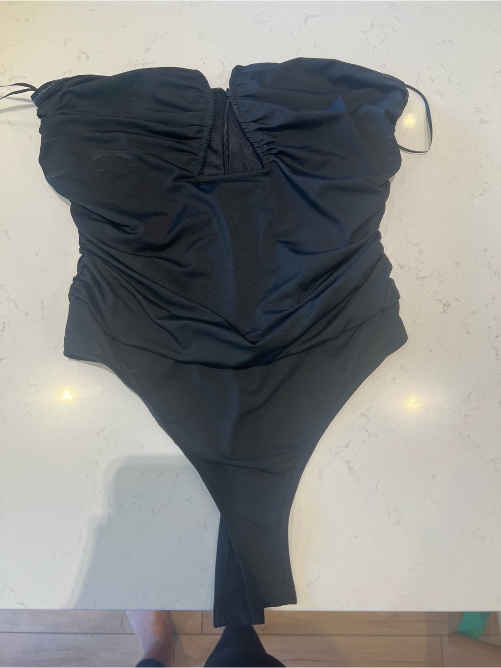 Vici Black Strapless Ruched Bodysuit